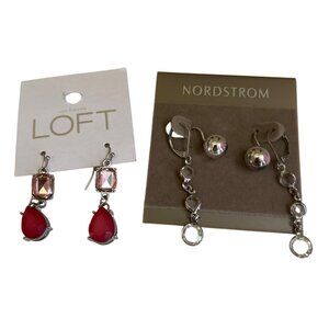 Loft & Nordstrom Dangle Earrings Set Pink  Teardrop & Silver Crystal Nickel-Free